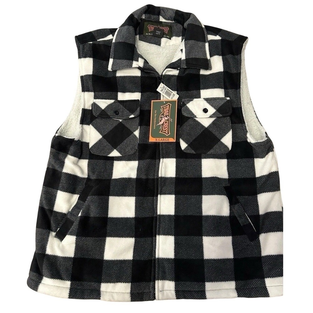 Trail Crest Mens Buffalo Plaid Sherpa Lined Fleece Vest Black White XL 3700F-51